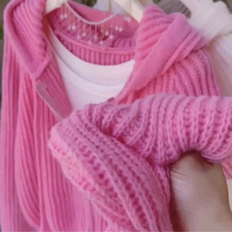 Women's Short Hooded Knit Cardigan for Fall and Winter