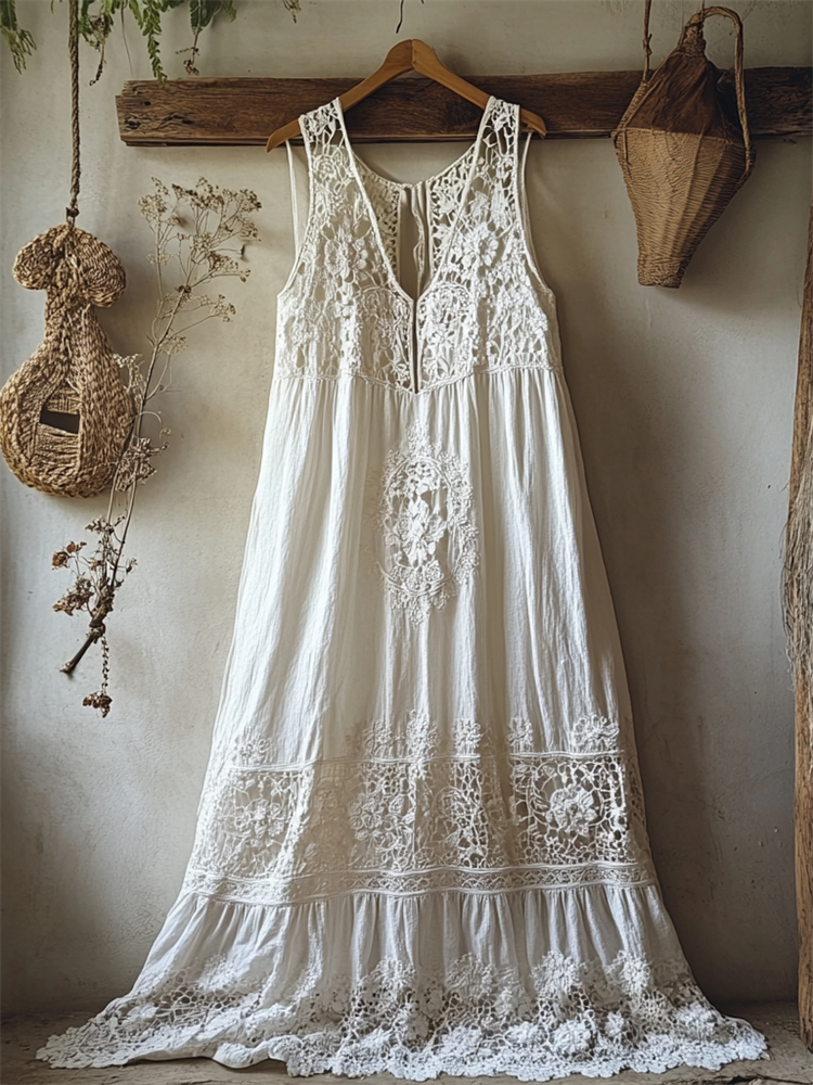 Boho Floral Hollow Lace Patchwork Linen Maxi Dress