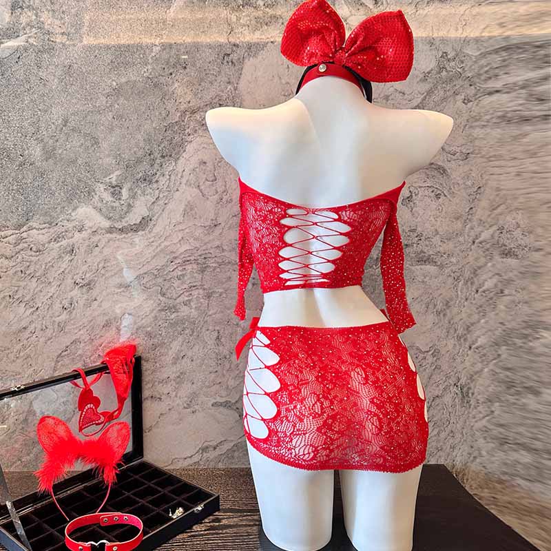Hollow Out Rhinestone Decor Sexy Lingerie Set
