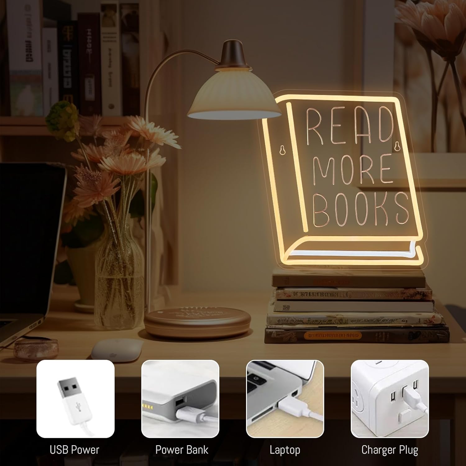 💖Last Day 49% OFF💖Dimmable Book Neon Lights - Read More Books