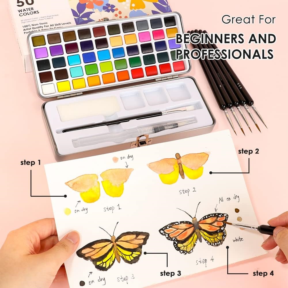 Perfect Starter Kit for Painting - Premium Watercolor Paint Set - with Water Brush Pens and Brush