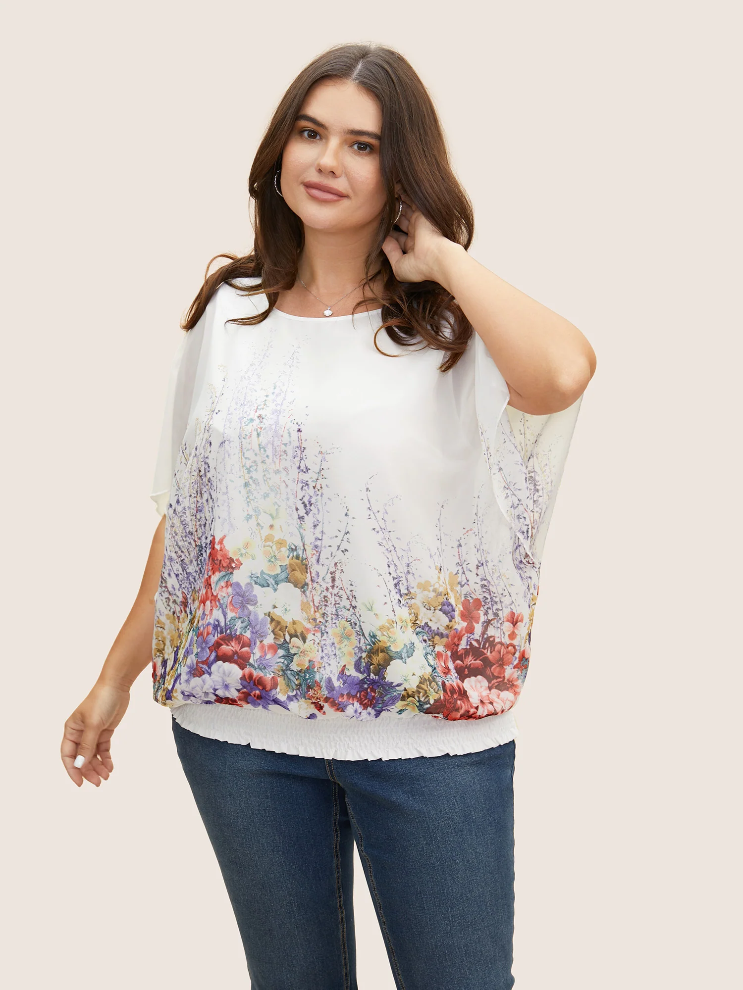 Pixel Flower Shirred Batwing Sleeve Blouse