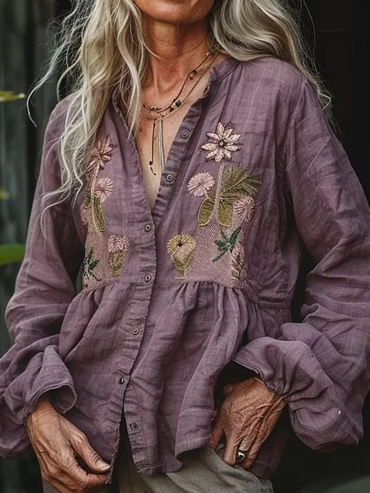 Bohemian Style Linen Floral Art Print  Long Sleeve Shirt