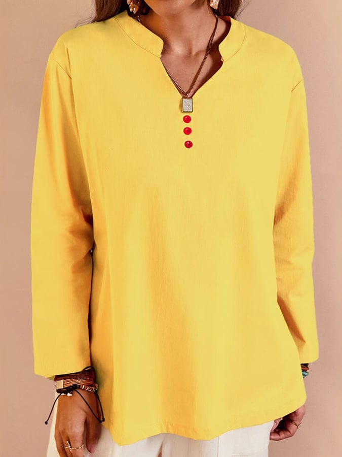Women's V-Neck Long Sleeve Loose Button Design Casual Shirt