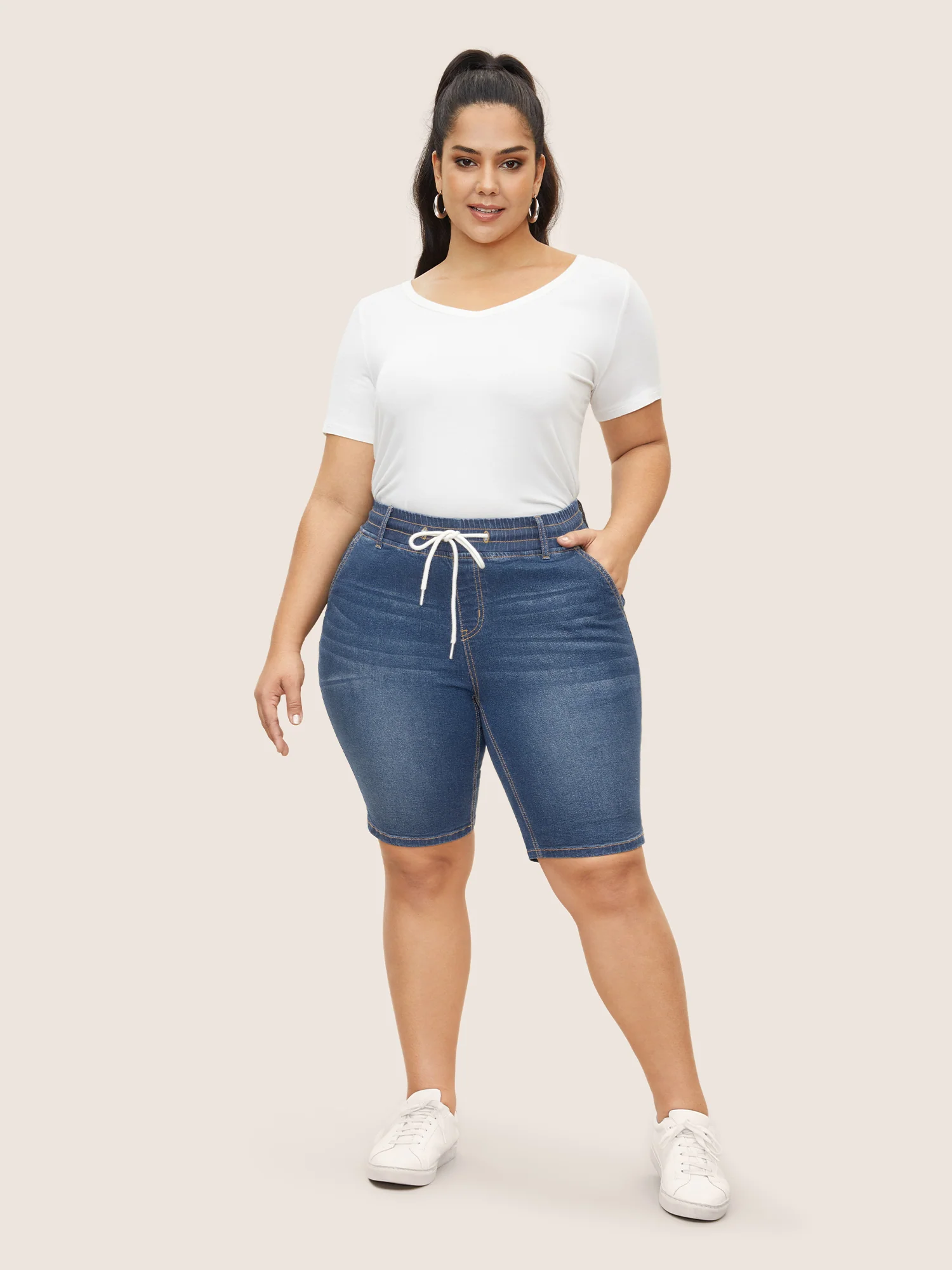 Dark Wash Drawstring Slit Hem Denim Shorts