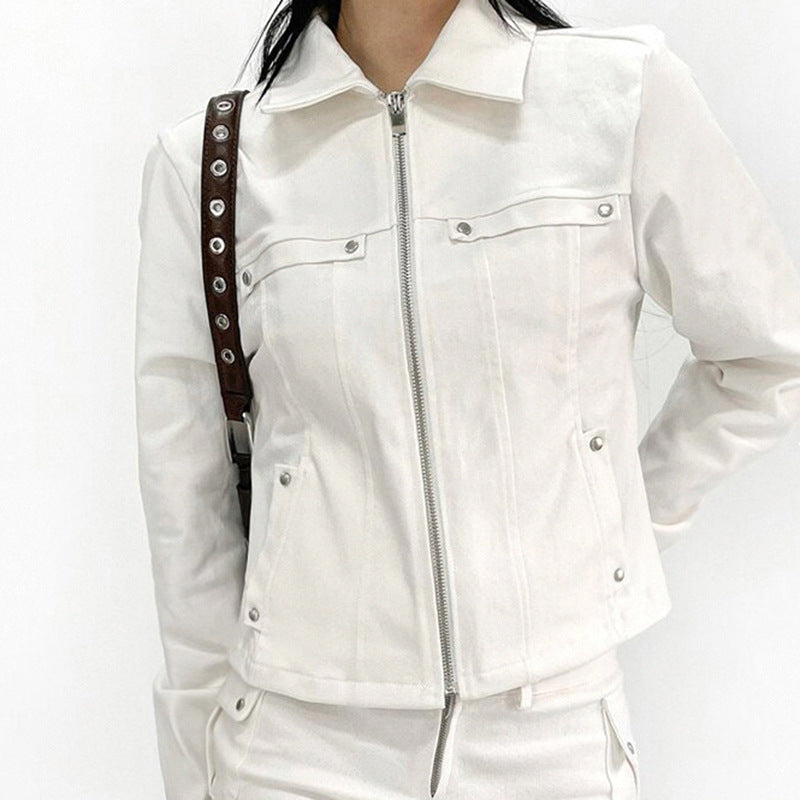 Woman's Heavy-Duty Fashion Jacket with Stand Collar and Zipper Pockets