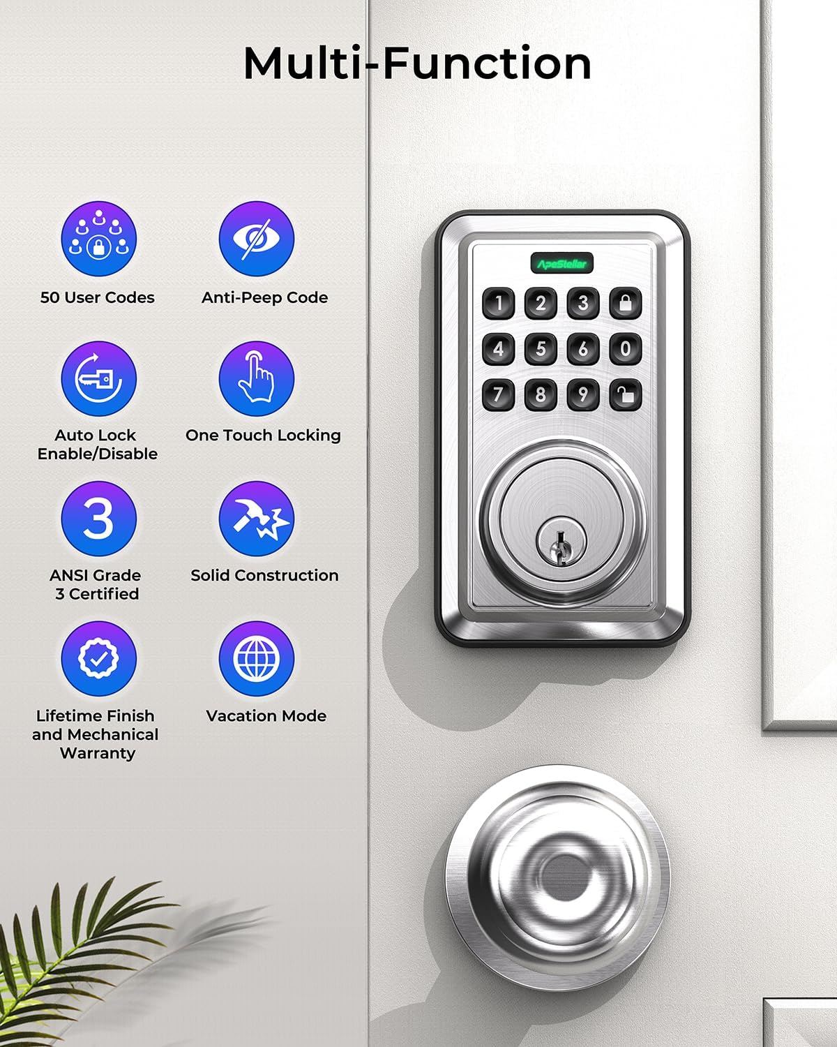 Keyless Entry Door Lock with Keypad - Electronic Keypad Deadbolt - Keyed Entry, Auto Lock, Anti-Peeking Password - Electronic Door Lock - Easy Installation - Satin Nickel -ApeStellar