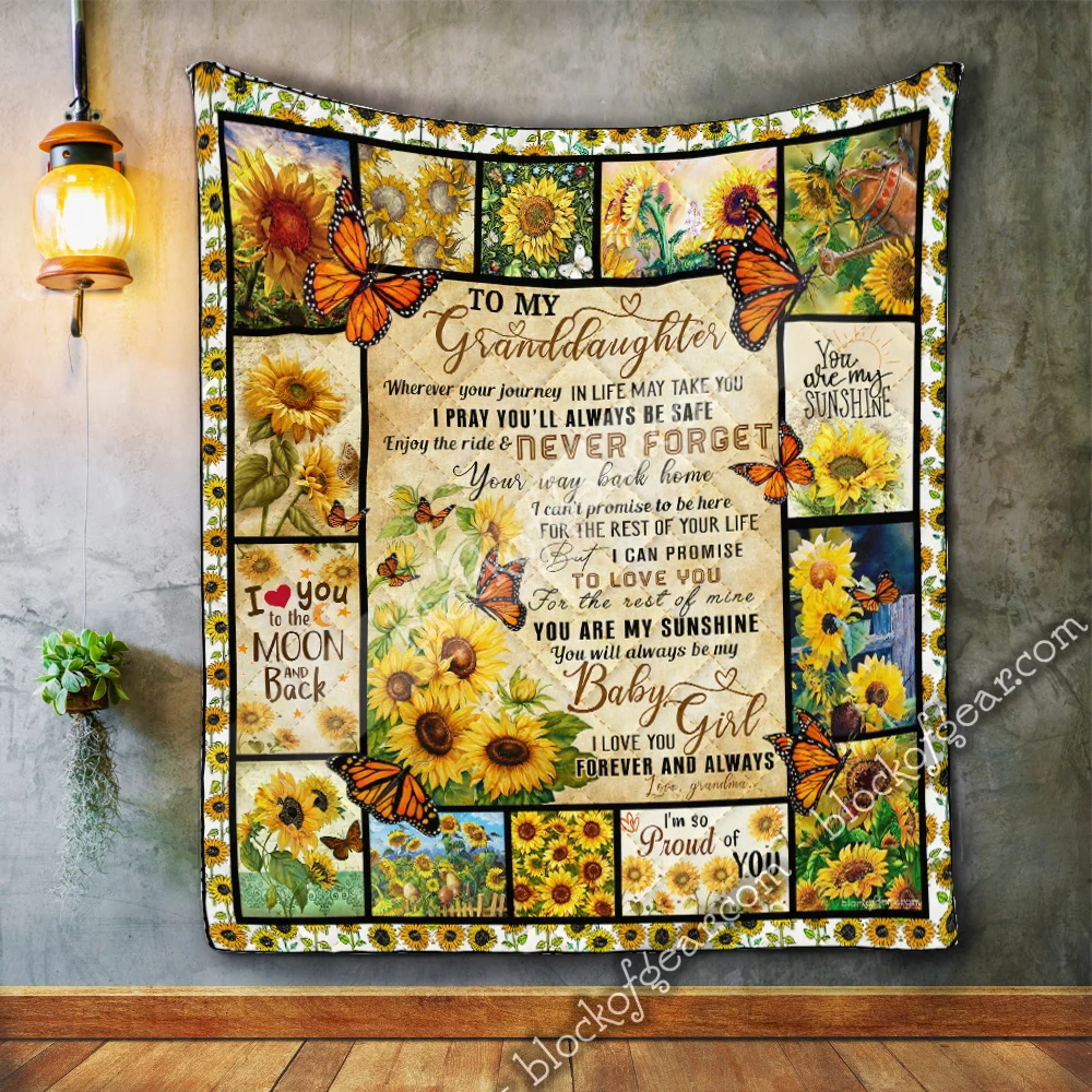 To My Granddaughter, Love Grandma. Sunflower Butterfly Quilt Blanket