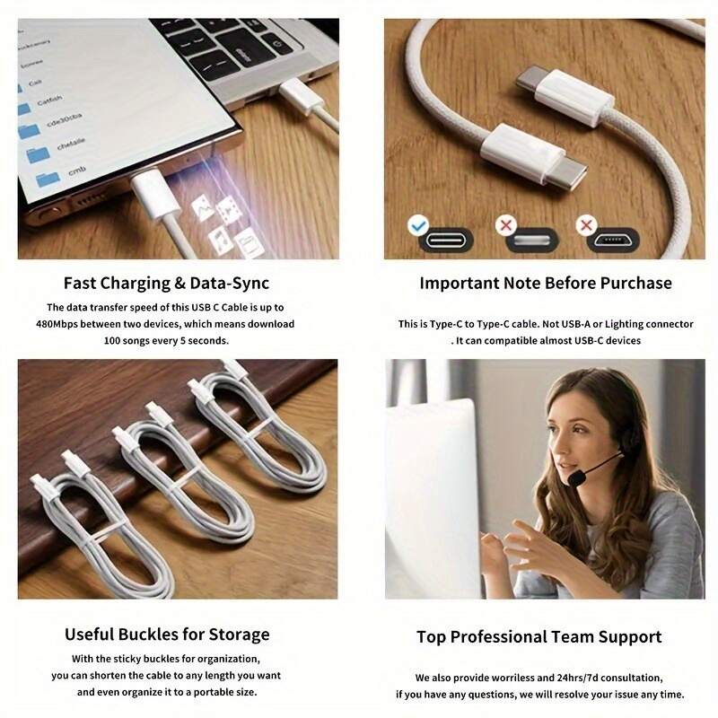 2pcs 60W USB-C to USB-C fast charging cable, 3-foot durable nylon braided flat data cable, suitable for iPhone 15/ Samsung/ Oppo/ Vivo/ Redmi and various Type-C interface products, high-speed transmission and fast charging, Type-C interface