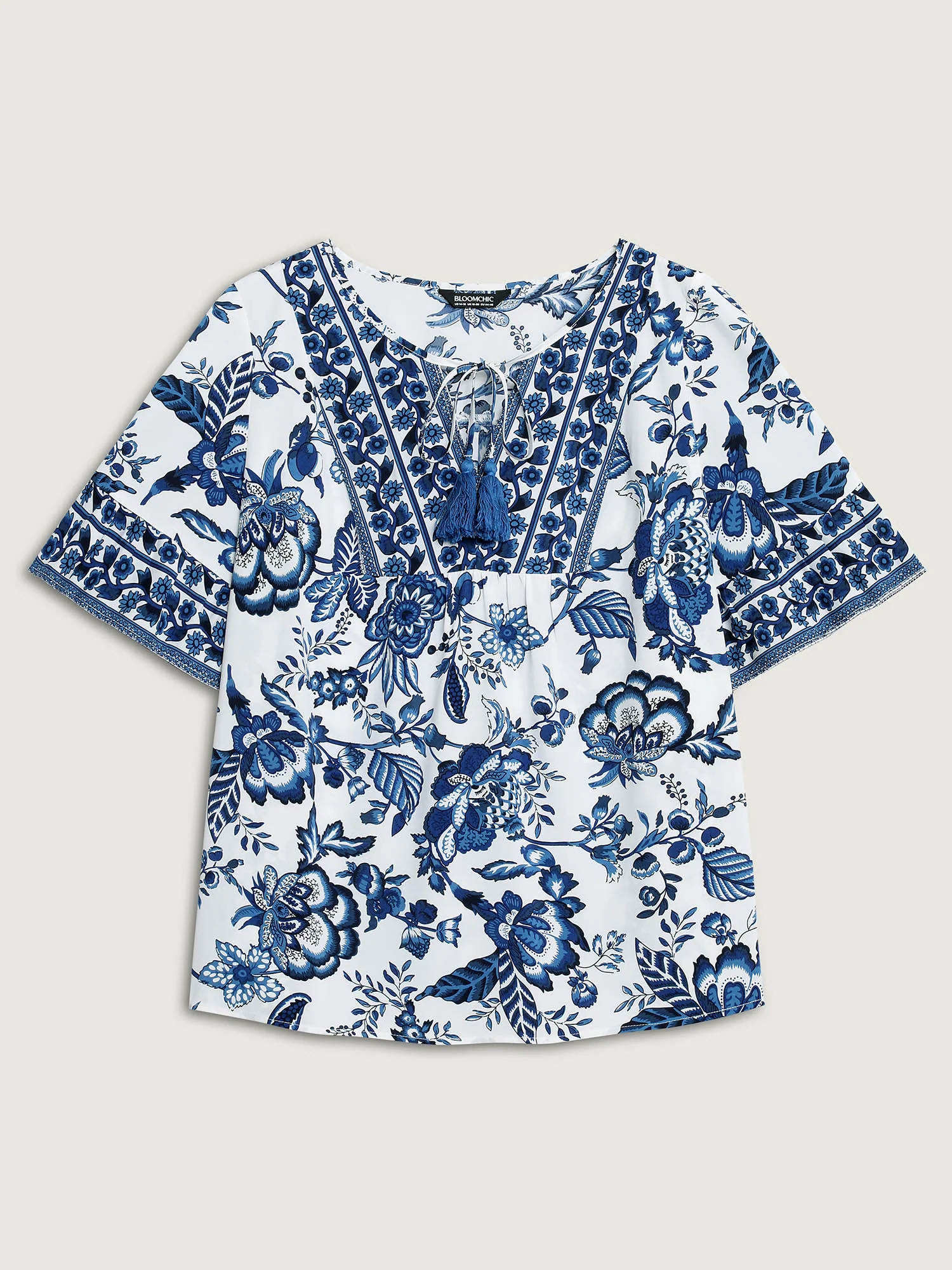 Floral Print Neck Tassels Blouse