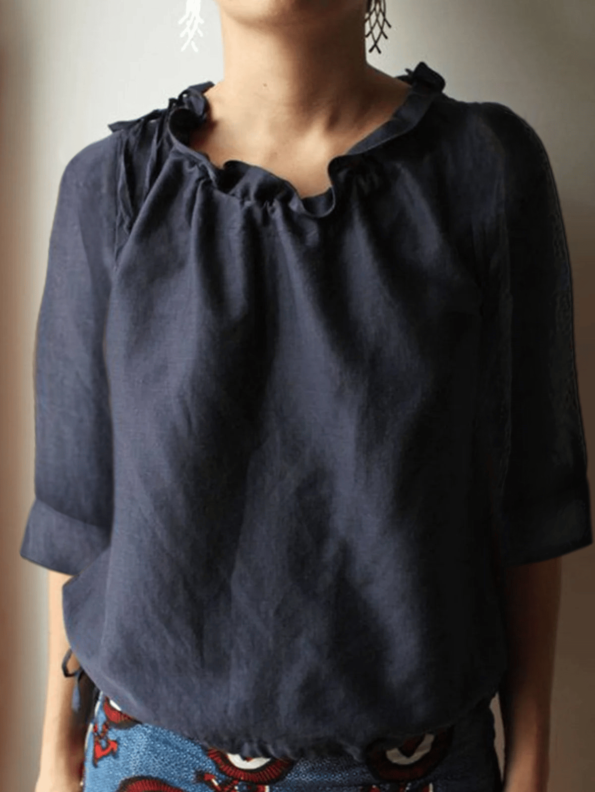 Women's Navy Linen 3/4 Sleeve Shirt