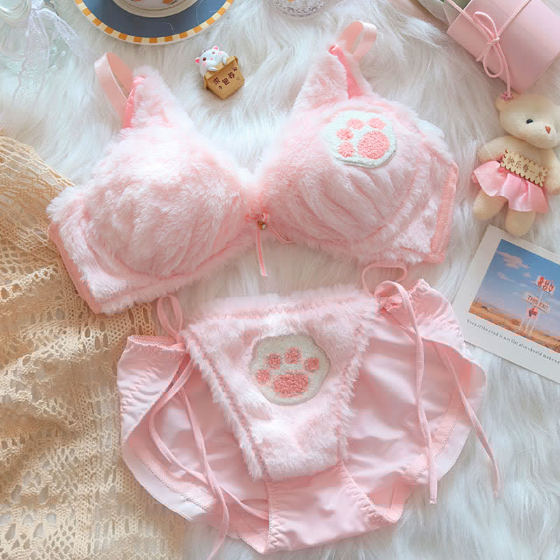 Kawaii Cat Claw Embroidery Plush Lingerie Set
