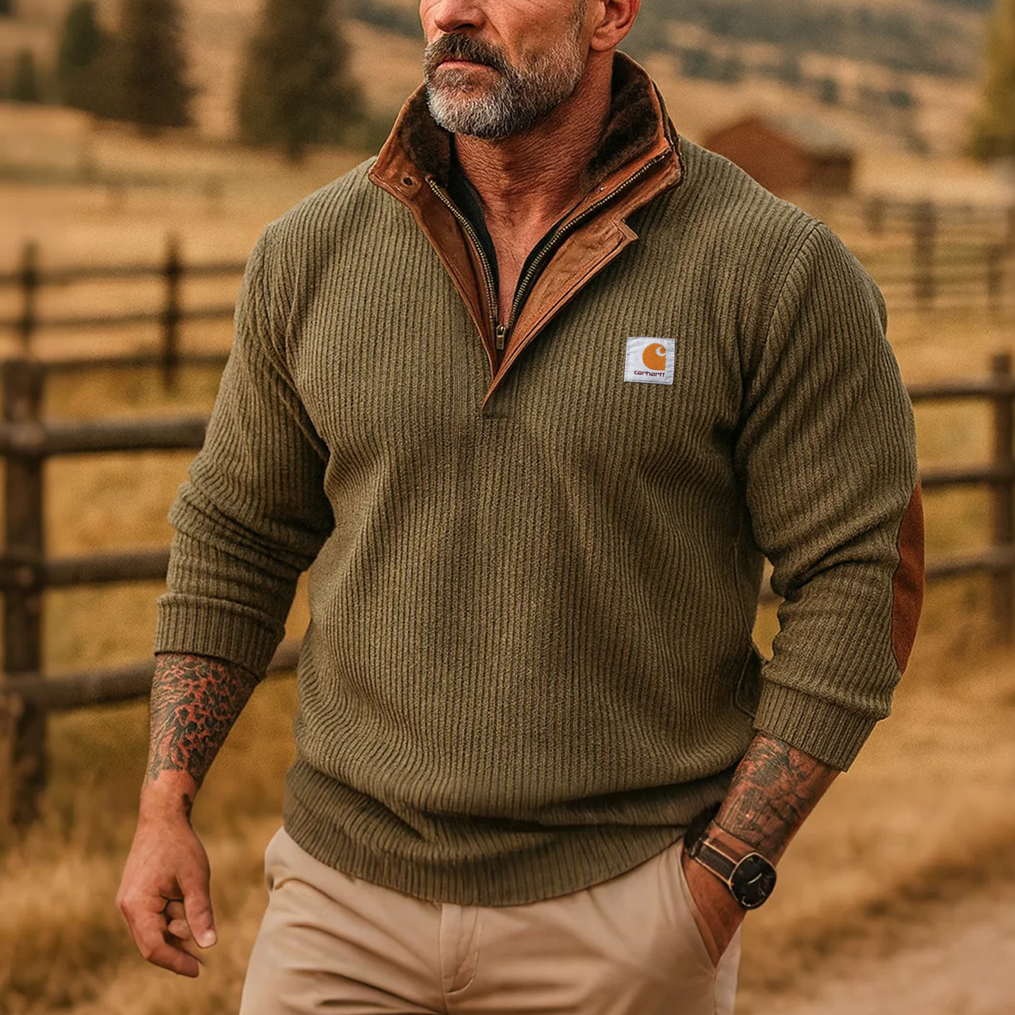 Olive Green Ribbed Half-Zip Sweater with Fleece Collar
