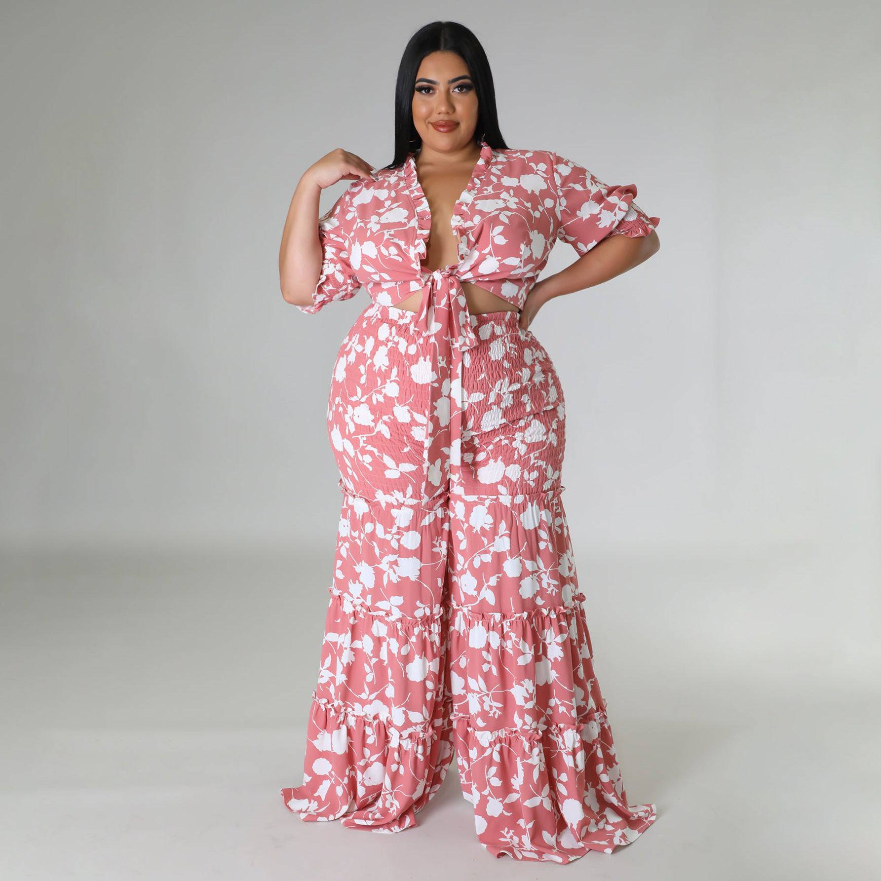 Plus Size Women Strap Printing Two Piece Suit Wide Leg Pants Summer
