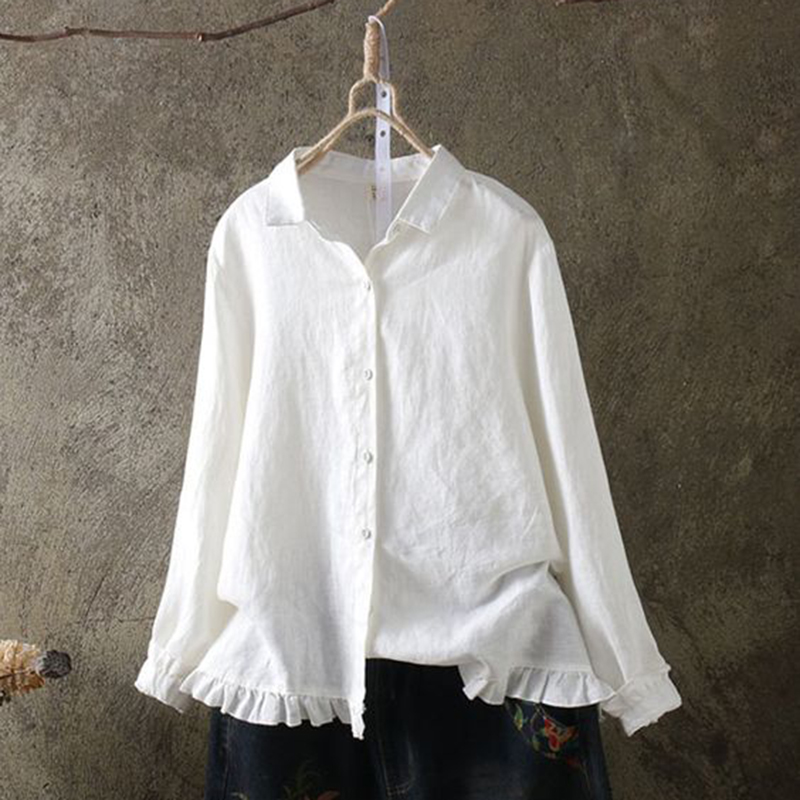 Vintage Plain Shirt Collar Button Down Long Sleeve Blouse