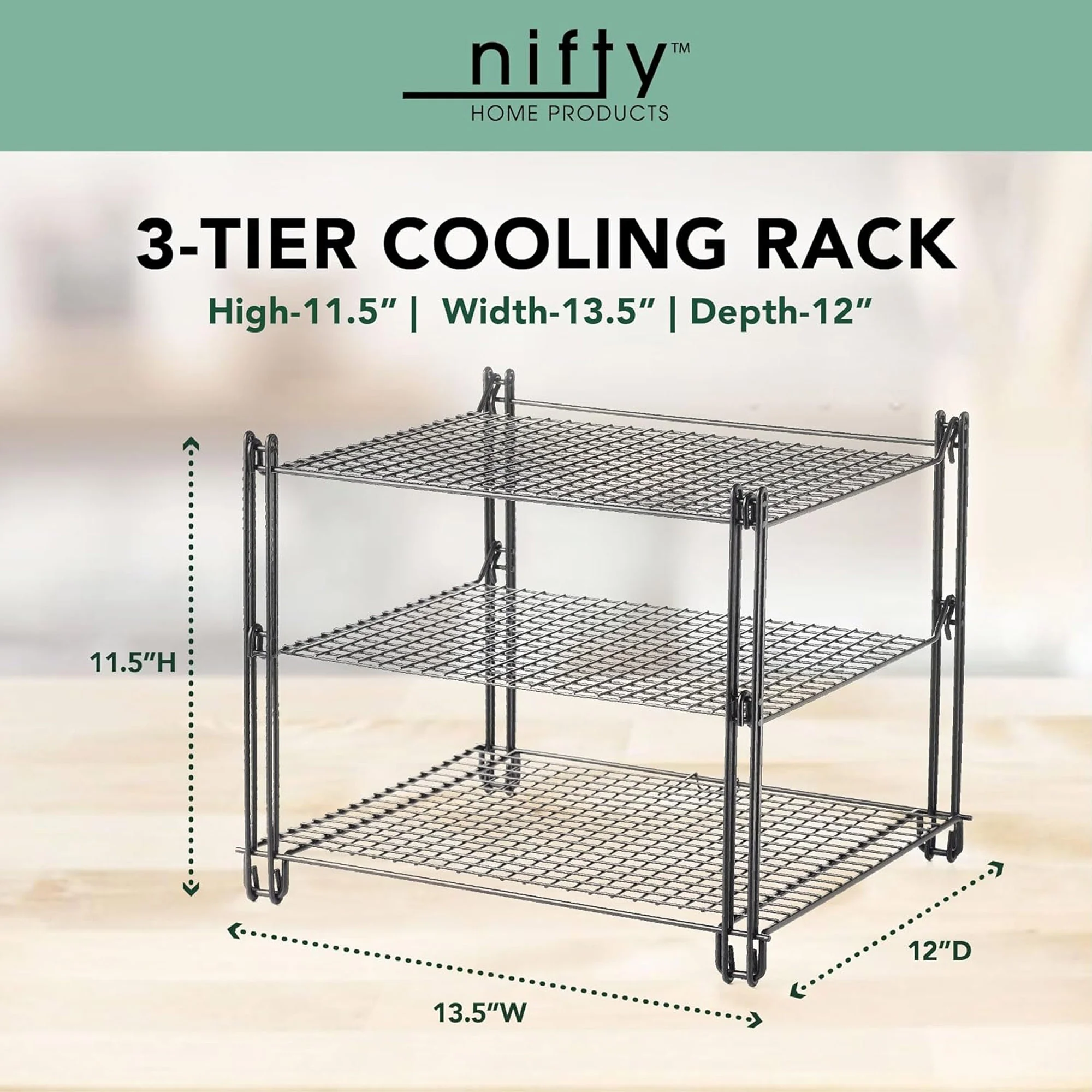 Nifty 3-Tier Non-Stick Coating Wired Cooling Rack Organizer, Black, 13.5x12x11.5 Inches