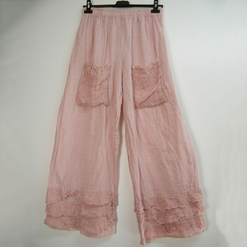 Solid Ruffle Hem Pocket Cotton Linen Pants