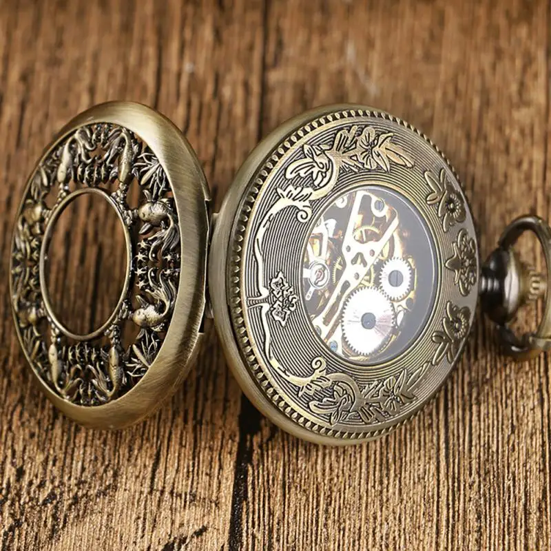 Bronze Hollow Fish Steampunk Hand-winding Mechanical Pocket Watch Pendant Chain Retro Clock for Women Men Gift Reloj De Bolsillo