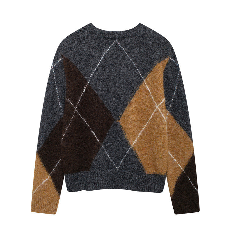 Trendy Casual Round Neck Diamond-Pattern Sweater