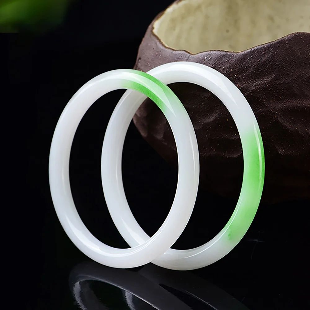 Natural Chalcedony Women's Bracelet Golden Silk Jade White Green Round Bangle Fine Jewelry Accessories Ladies Gift Free Shipping