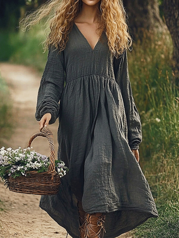 Women's Solid Color V-neck Linen Blend Loose Midi Dress