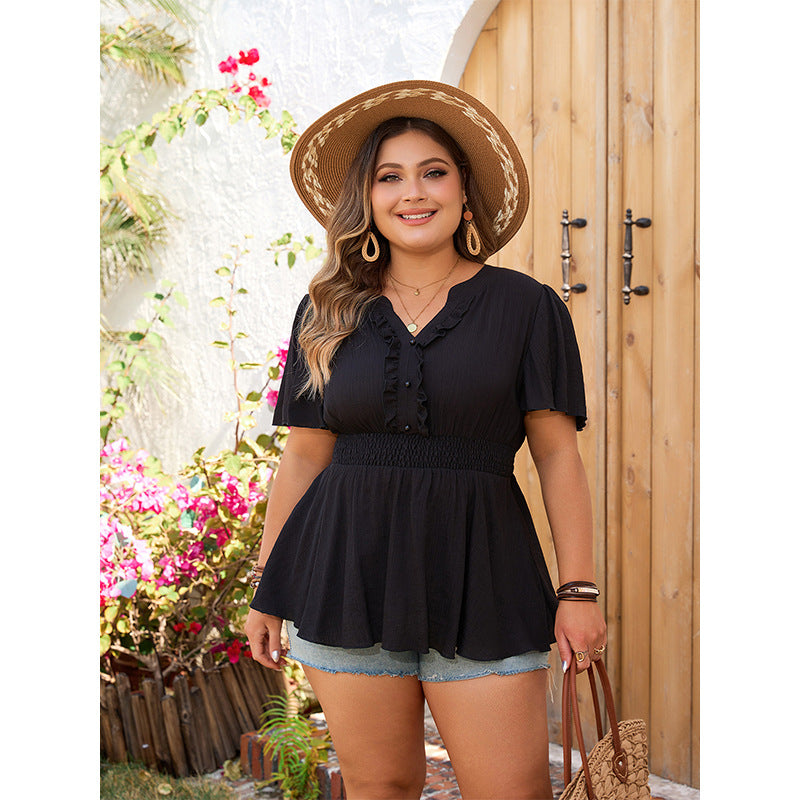 Plus Size Waist Solid Color Shirt Slimming Long Black Shirt Top for Women