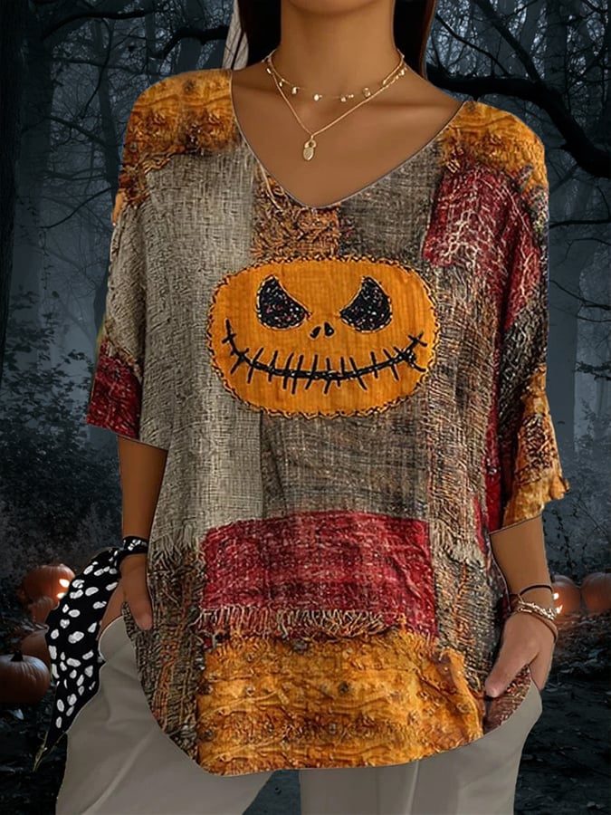 🔥Buy 3 Get 10% Off🔥Women'S Halloween Retro Pumpkin Face Patchwork Print T-Shirt