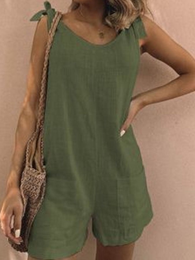 Casual Solid Color Cotton Linen Pocket Jumpsuit