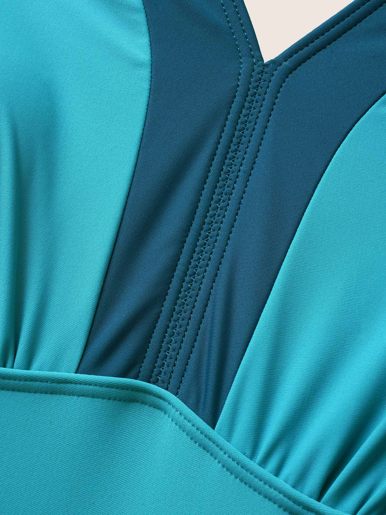 V Neck Patchwork Contrast Gathered Swim Dress