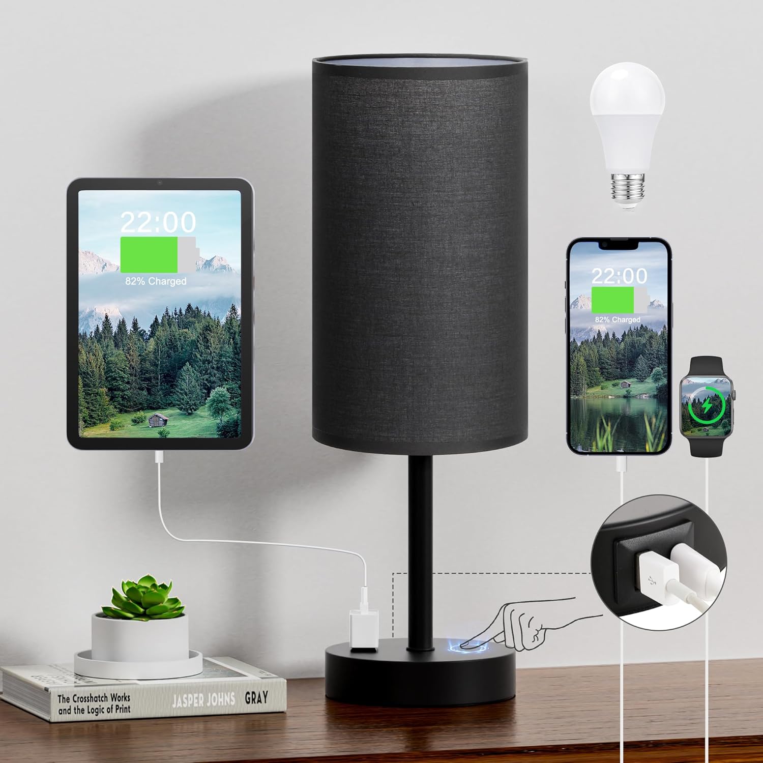 Bedside Table Lamp for Bedroom - 3 Way Dimmable Touch Lamp USB C Charging Ports and AC Outlet, Small Lamp Wood Base Round Flaxen Fabric Shade for Living Room, Desk, LED Bulb Included