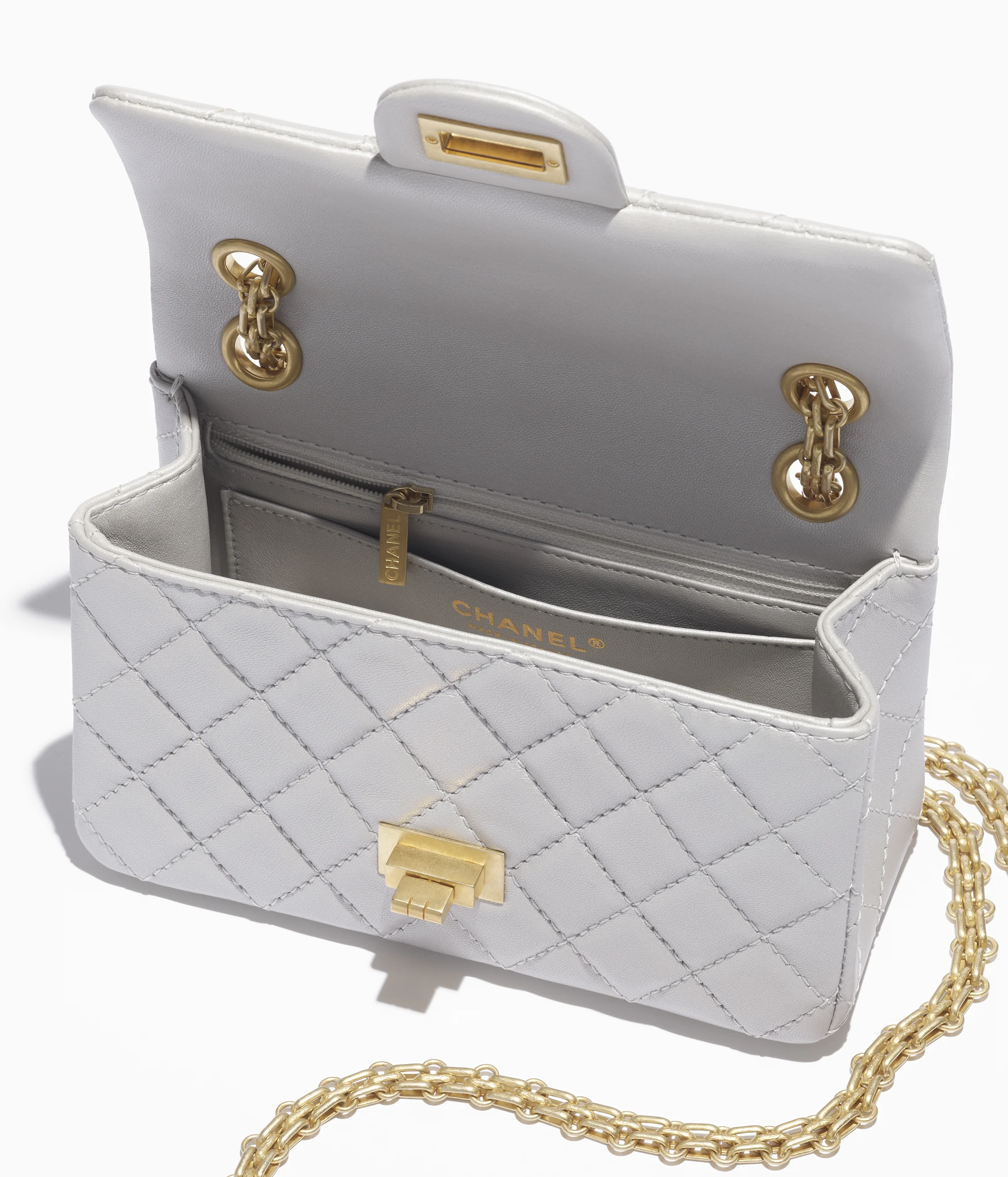 Chanel 2.55 Mini Flap Bag Pearl Lambskin & Gold Metal Light Grey AS0874-B18722-NAAUH