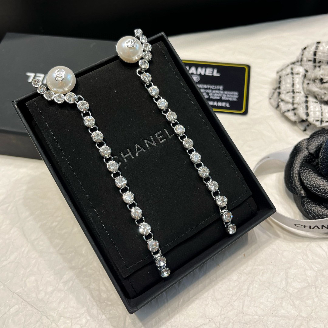 Chanel Silver Round Diamond Long Pearl Earrings