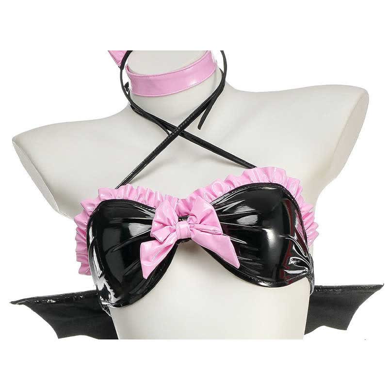 Cosplay Little Devil Colorblock PU Bikini Lingerie Set