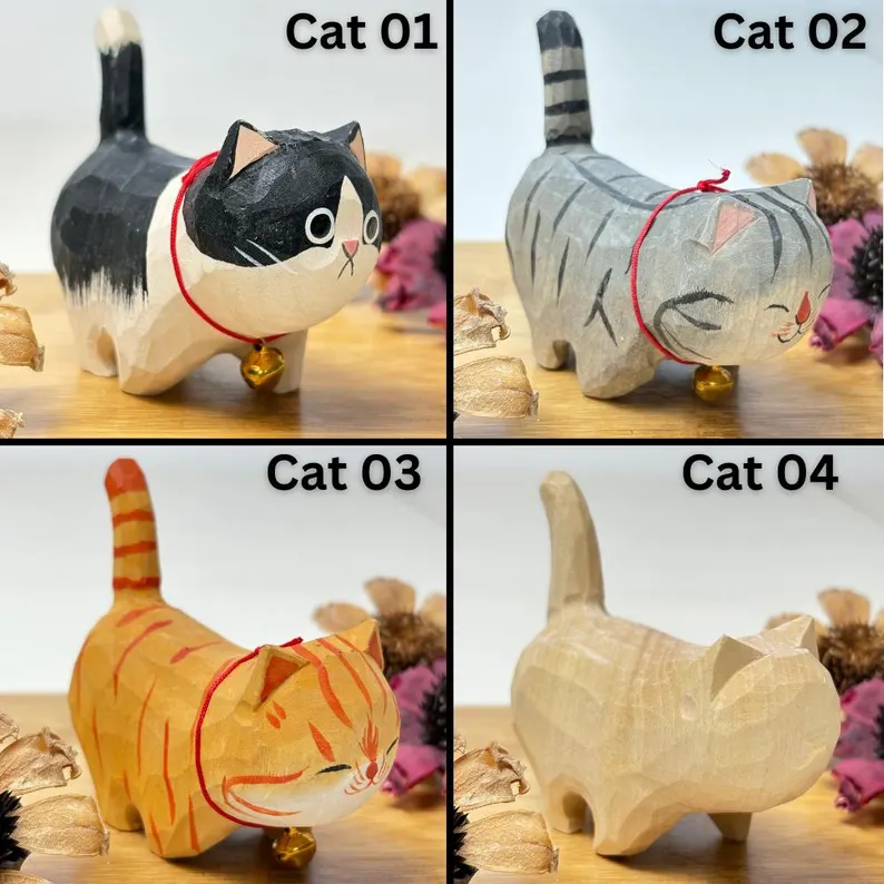 Handcrafted Wooden Cat Sculpture – 17 Unique Styles 🐱✨
