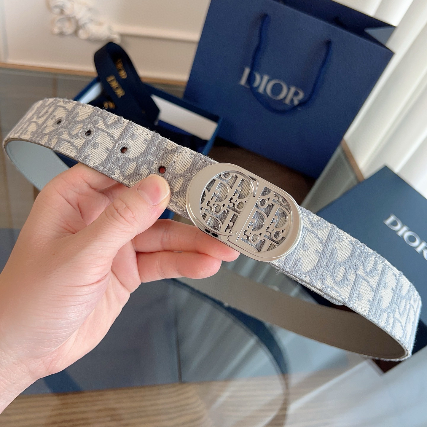 Dior Oblique grey cloth grey cowhide leather belt width 3.5cm