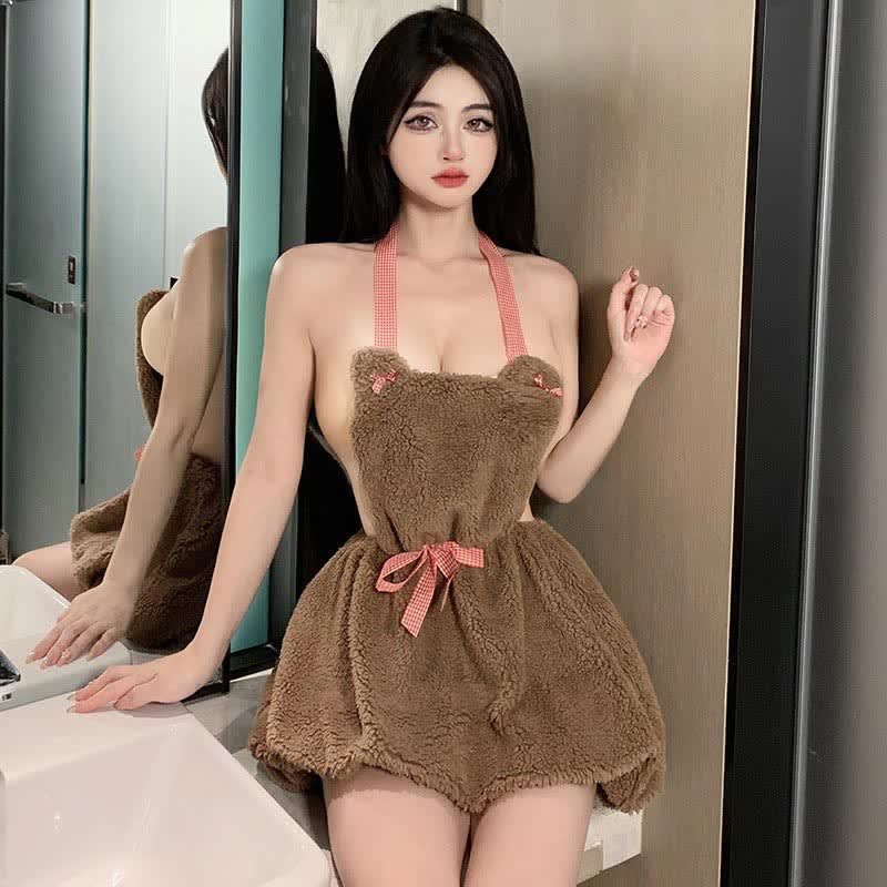 Cartoon Bear Bow Knot Plush Halter Lingerie