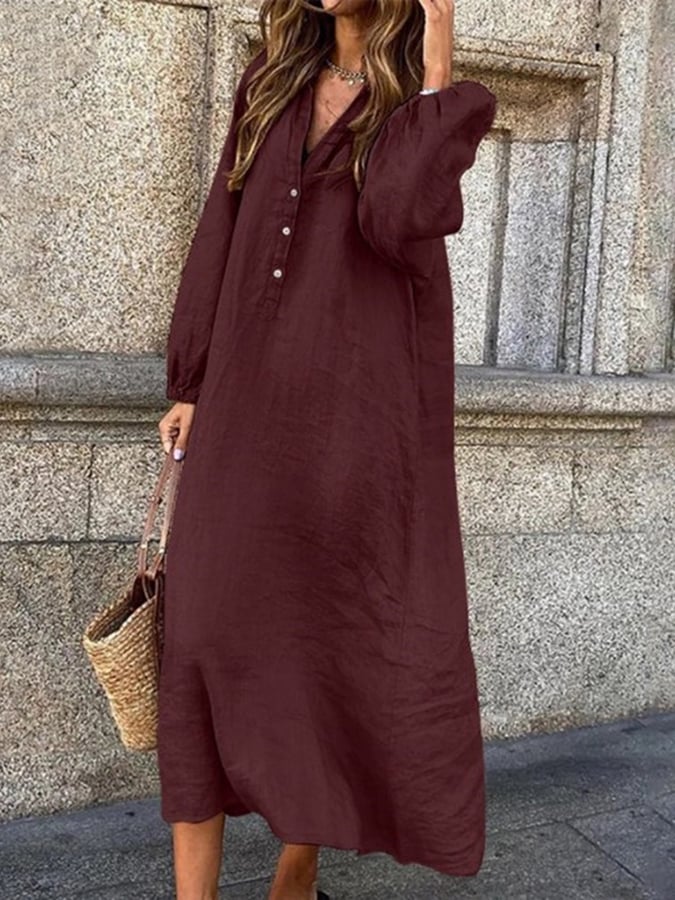 Solid Color Long Sleeve V Neck Button Long Dress
