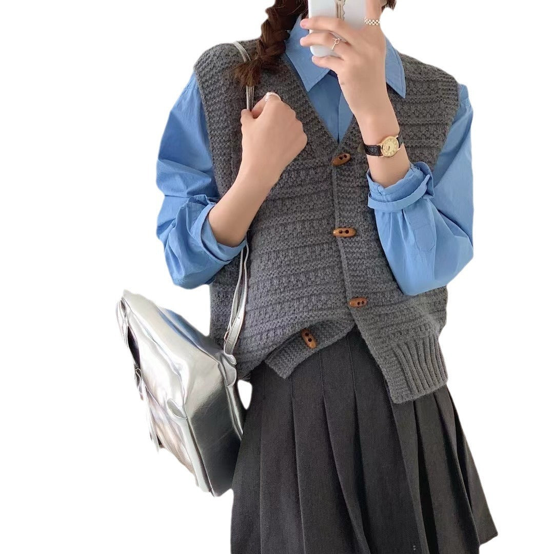 V-Neck Cardigan with Horn Button Design and Three-Dimensional Pattern