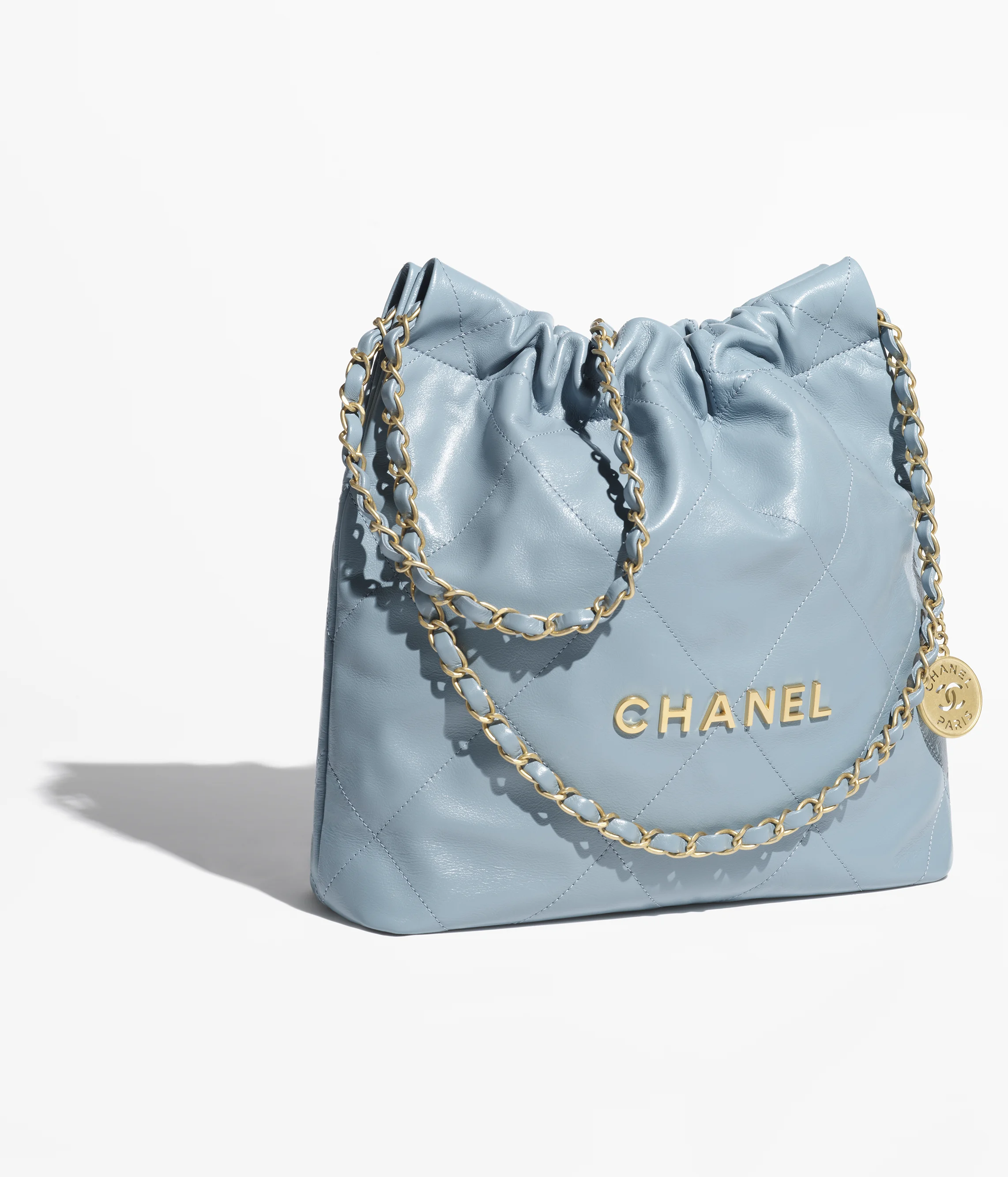 CHANEL 22 Small Handbag Shiny Calfskin & Gold-Tone Metal Blue AS3260-B19059-NAGEU