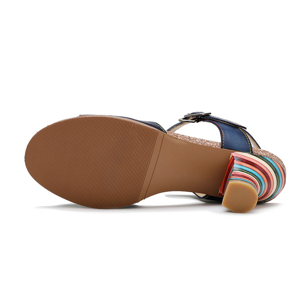 Retro Genuine Leather High Heel Sandals with Rainbow Wine Glass Heel