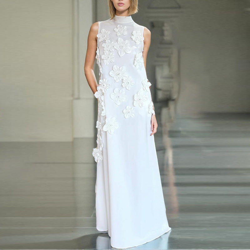 Elegant Elegant Stand Collar Sleeveless Solid Color Dress Three Dimensional Floral Collage Design Maxi Dress