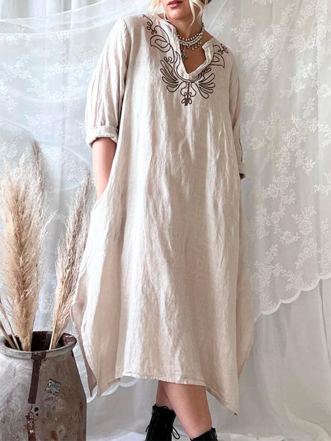 Women's Cotton And Linen V-Neck Pocket Dress