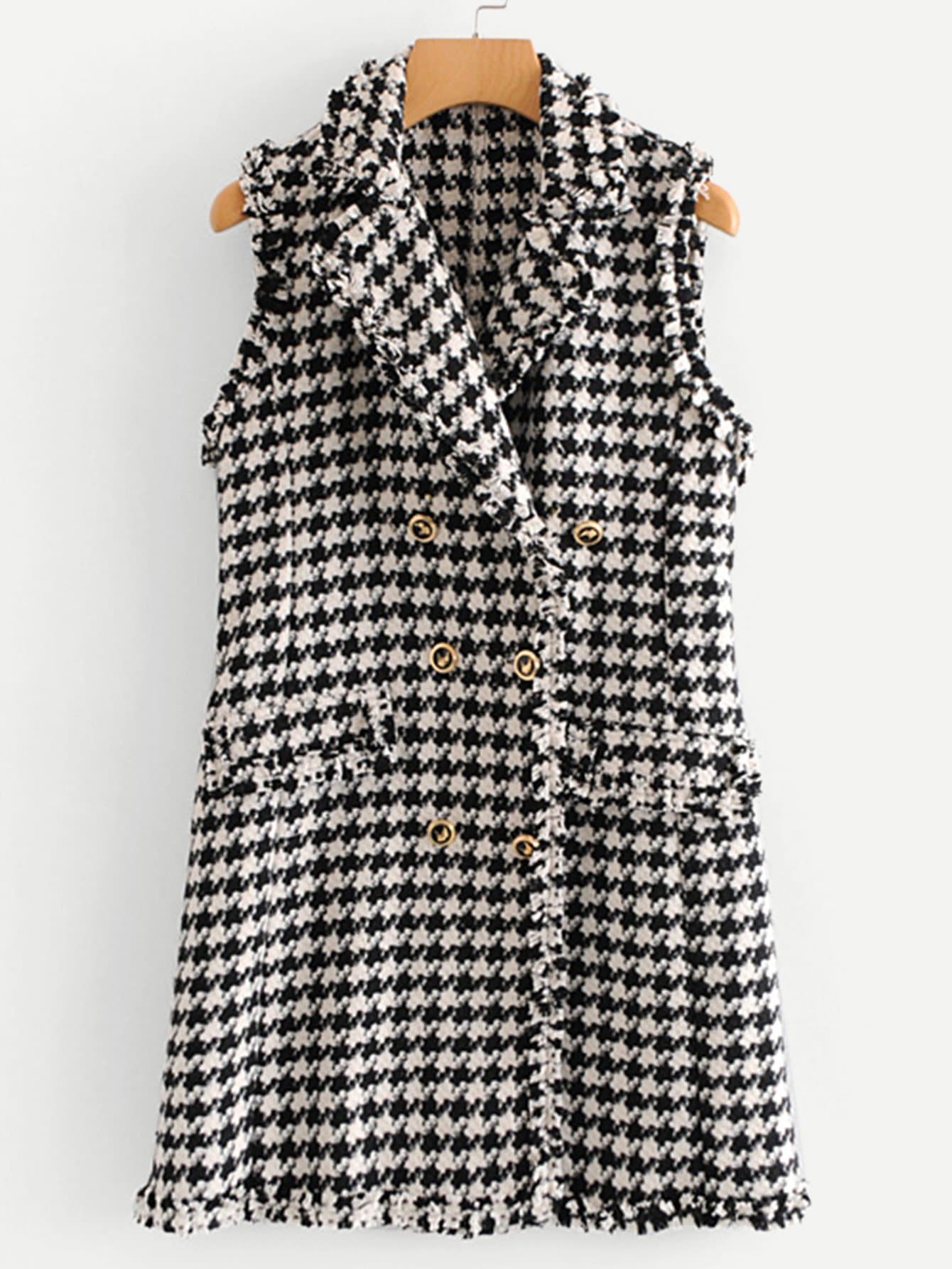 Double Breasted Houndstooth Tweed Outerwear