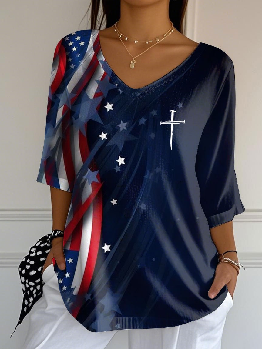 Women's Indepedence Day Print Striped Fabric Casual V-Neck T-Shirt