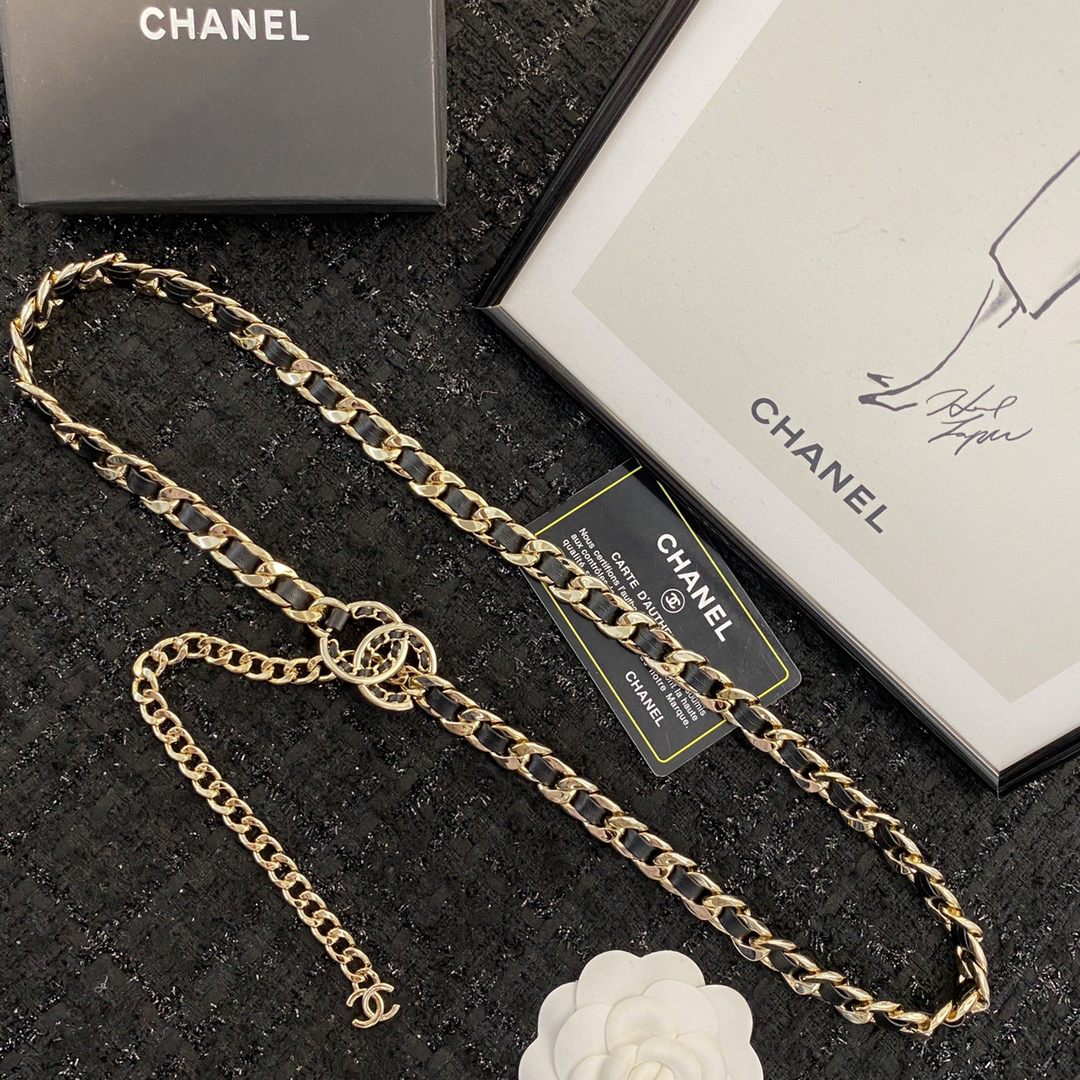 Chanel black leather gold waist chain