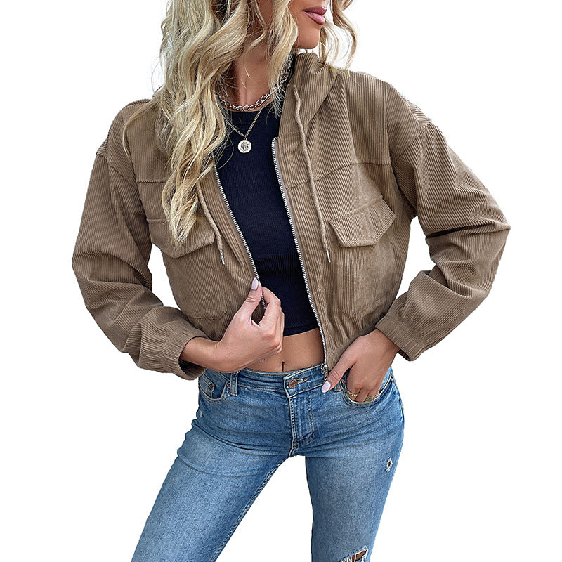 Solid Color Hooded Corduroy Jacket for Women