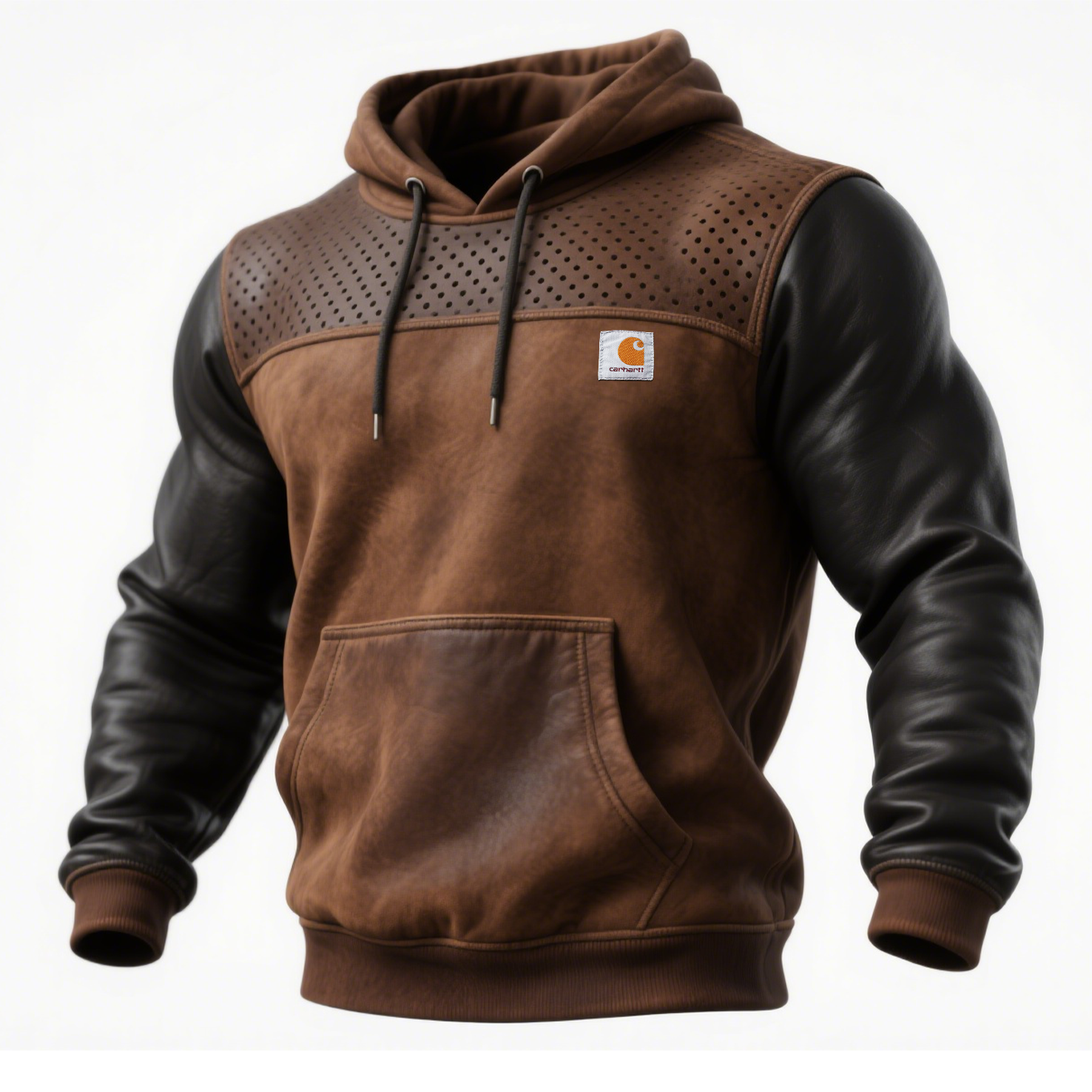 Brown Leather and Fleece Hoodie with Perforated Details