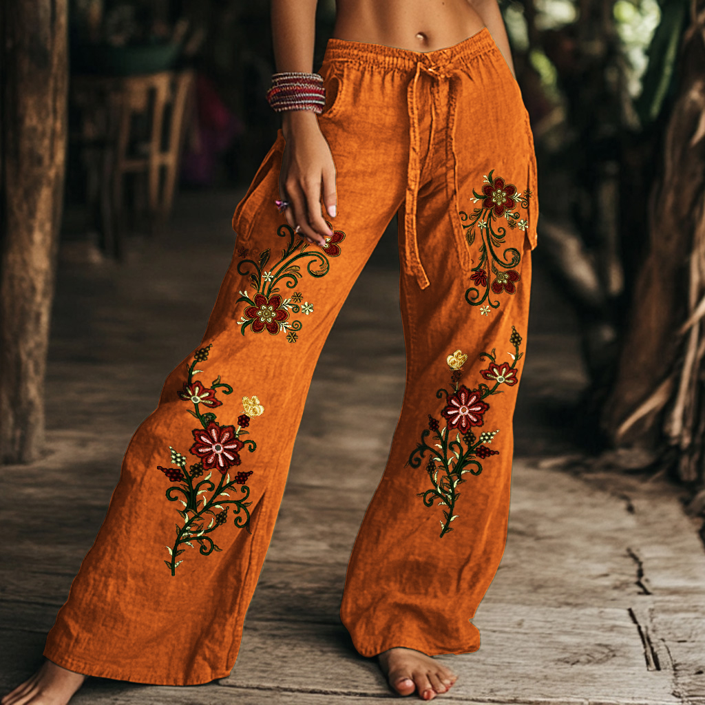 Vintage Floral Art Printed Cotton Linen Wide Leg Pants