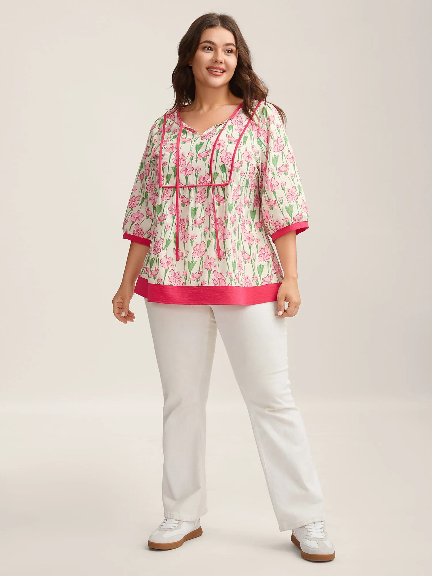 Blushing Floral Print Seamed Contrast Blouse