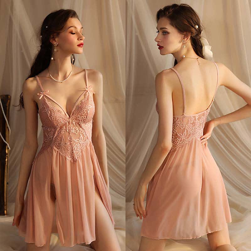 Lace V-neck See Through Split Slip Dress Nightdress
